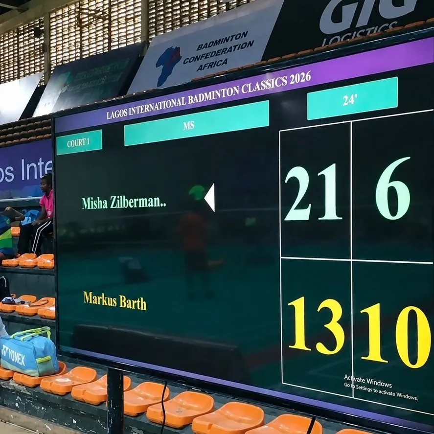 Live-Anzeigetafel von Zeetius am Court bei den Lagos International Badminton Classics 2026